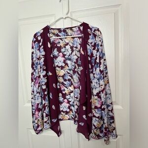 Princess Cruises Top‎ Womens Large Kimono Maroon Blue Floral Open Front Ladies L